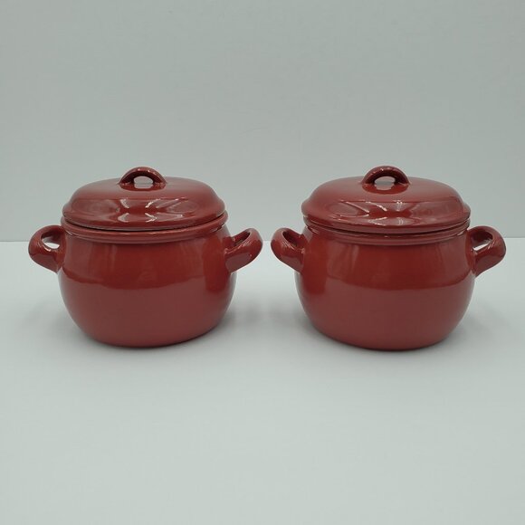 Oneida Kitchen Covered Red Soup Crocks Lidded Handled Chowder Chili Soup Bowls - Picture 1 of 6